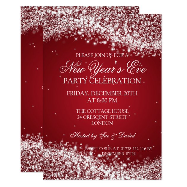 Elegant New Years Eve Sparkling Wave Red Invitation