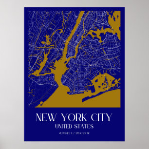 Elegant New York City Map - Blue & Gold Urban Poster
