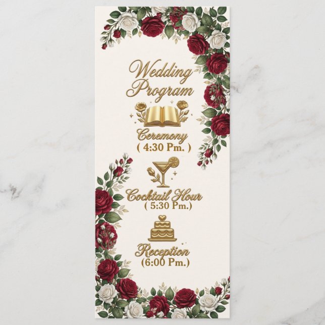 Elegant New York Rose Blossom Wedding Program Card (Front)