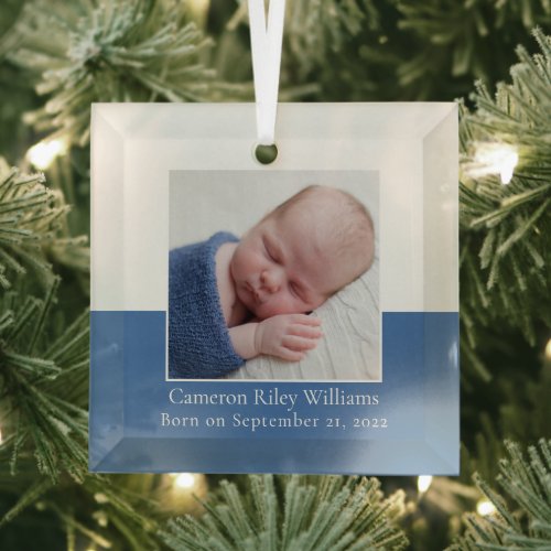 Elegant Newborn Baby Boy Photo Blue Birth Keepsake Glass Ornament