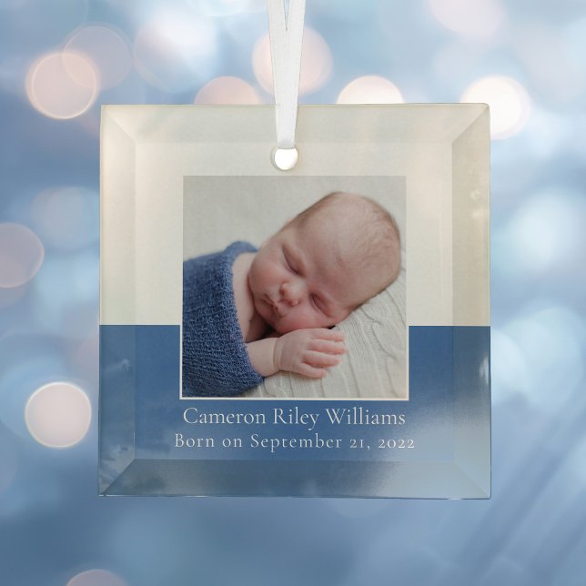 Elegant Newborn Baby Boy Photo Blue Birth Keepsake Glass Ornament (Creator Uploaded)