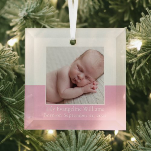 Elegant Newborn Baby Girl Photo Pink Keepsake Glass Ornament