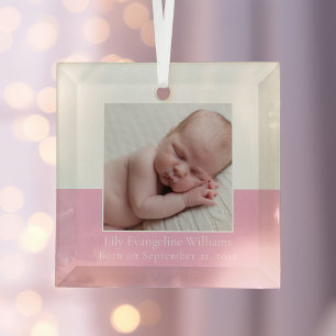 Elegant Newborn Baby Girl Photo Pink Keepsake Glass Ornament