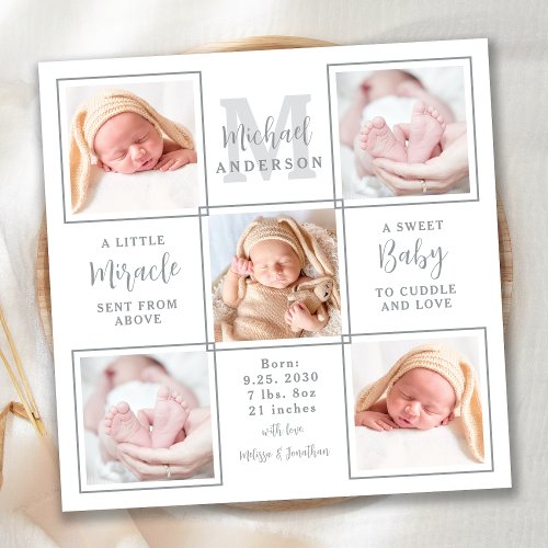 Elegant Newborn Baby Personalized 5 Photo Birth Announcement