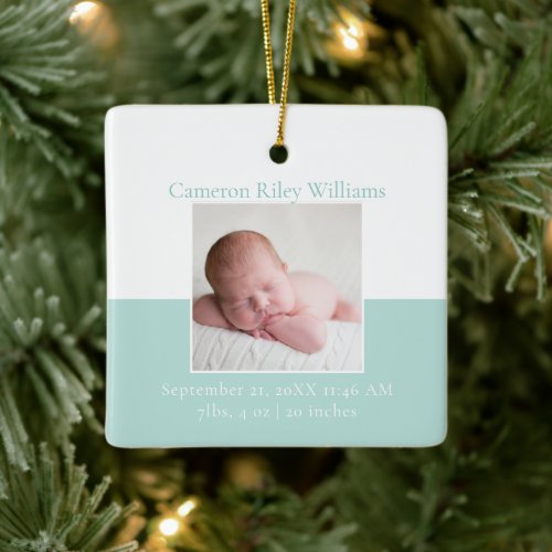 Elegant Newborn Baby Photo Teal Christmas Gift Ceramic Ornament