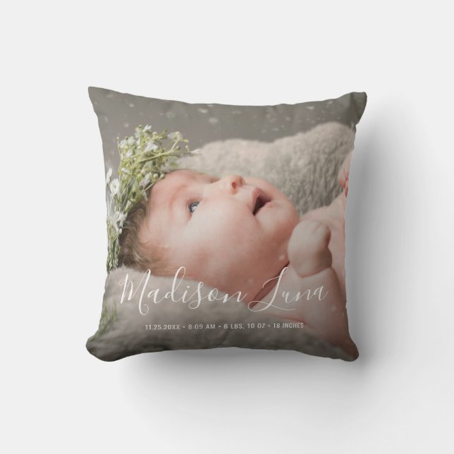 Elegant Newborn Girl Birth Nursery New Baby Photo Throw Pillow (Front)