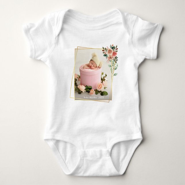 Elegant Newborn Girl Birth Photo Nursery  Baby Bodysuit (Front)