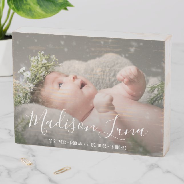 Elegant Newborn Girl Nursery Birth Baby Photo Wooden Box Sign (In Situ Horizontal)