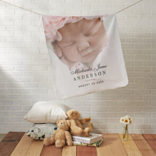 Elegant Newborn Photo, Name & Date Of Birth Baby Blanket