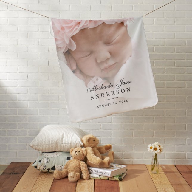 Elegant Newborn Photo, Name & Date Of Birth Baby Blanket (In Situ)