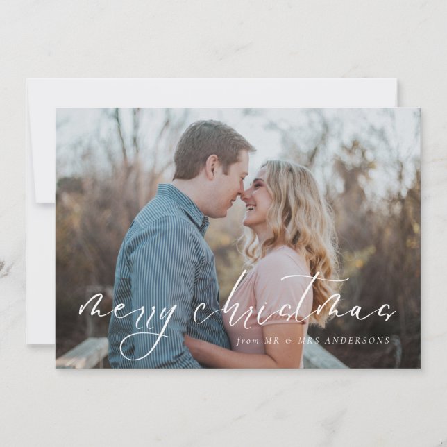 Elegant Newly Wed Script Photo Merry Christmas Holiday Card (Front)