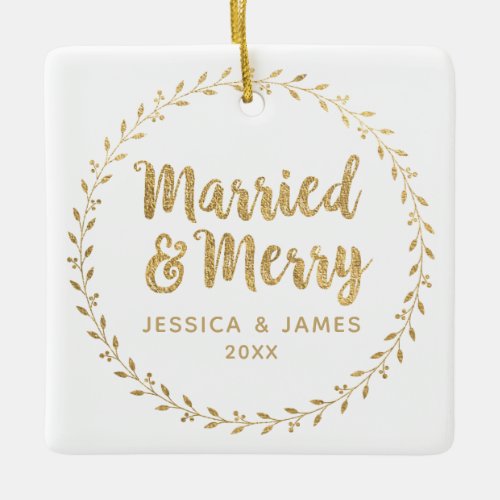 Elegant Newlywed Christmas Married and Merry Ceramic Ornament