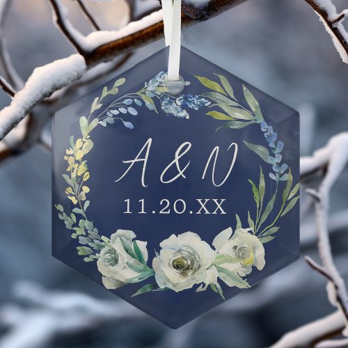 Elegant Newlywed Gift Custom Blue Floral Christmas Glass Ornament