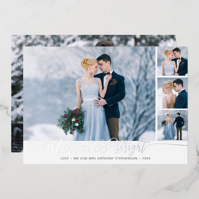 Elegant Newlywed Married & Bright Photo Collage Foil Holiday Card (Front/Back)