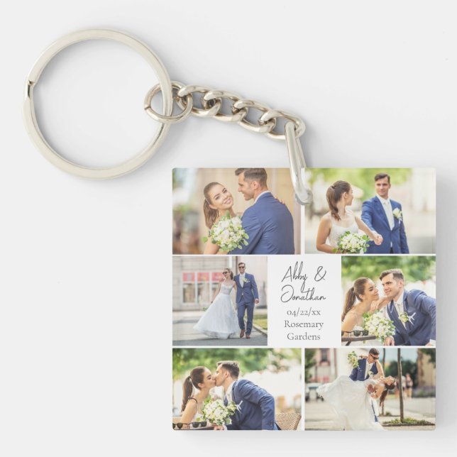 Elegant Newlywed Married Couple Photo Collage Keychain (Front)