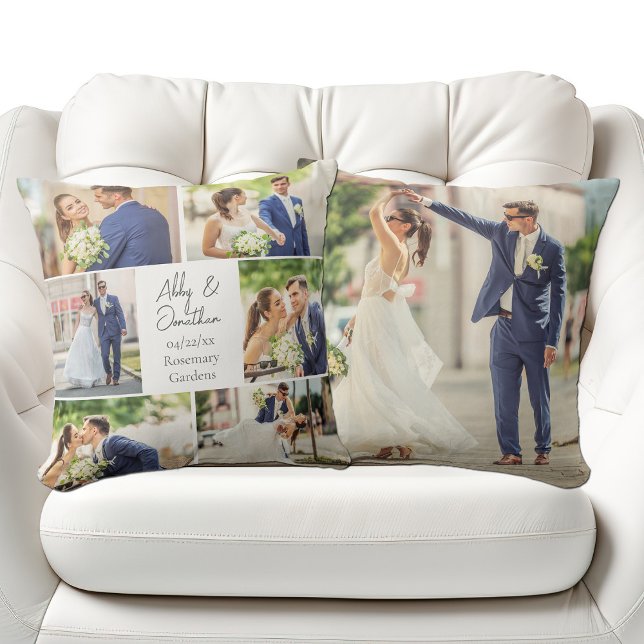 Elegant Newlywed Married Couple Photo Collage Throw Pillow (Creator Uploaded)