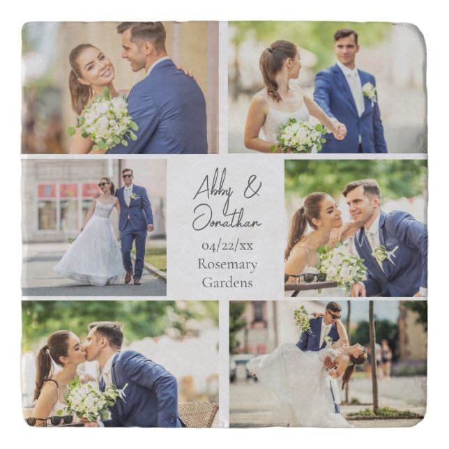 Elegant Newlywed Married Couple Photo Collage Trivet (Front)