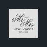 Elegant newlywed Mr and Mrs wedding party favor<br><div class="desc">Elegant newlywed Mr and Mrs wedding party favor Stone Magnet. Custom square magnet with elegant script typography. Classy template design with stylish lettering for couple's surname and date of marriage. Personalized presents for just married husband and wife / bride and groom couple. Transfer this design to any other product on...</div>