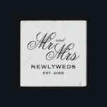 Elegant newlywed Mr and Mrs wedding party favor Stone Magnet<br><div class="desc">Elegant newlywed Mr and Mrs wedding party favor Stone Magnet. Custom square magnet with elegant script typography. Classy template design with stylish lettering for couple's surname and date of marriage. Personalized presents for just married husband and wife / bride and groom couple. Transfer this design to any other product on...</div>