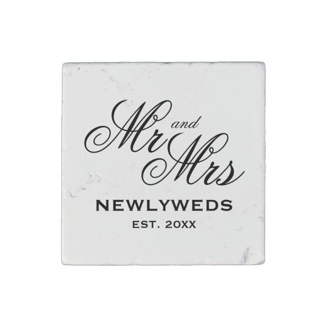 Elegant newlywed Mr and Mrs wedding party favor Stone Magnet (Front)