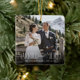 Elegant Newlywed Photo Married and Merry Ceramic Ornament