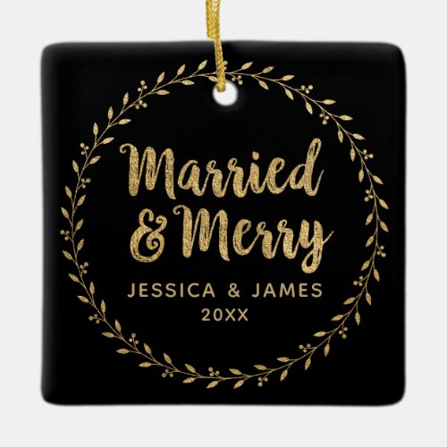 Elegant Newlywed Photo Married and Merry Ceramic Ornament