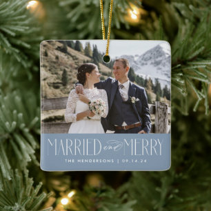 Elegant Newlywed Photo Married and Merry Metal Or Ceramic Ornament