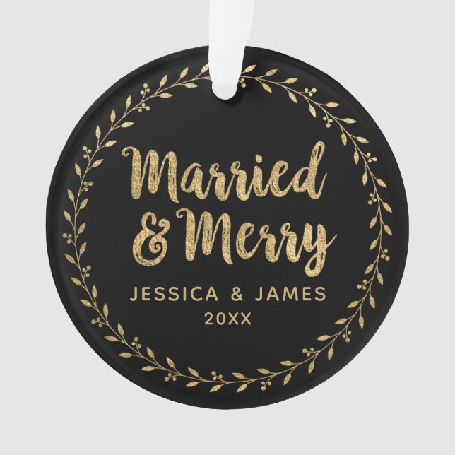 Elegant Newlywed Photo Married and Merry Ornament (Front)