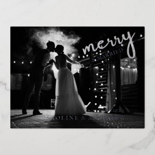 Elegant Newlywed Photo Merry and Married Christmas Foil Holiday Postcard