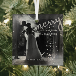 Elegant Newlywed Photo Merry and Married Glass Ornament