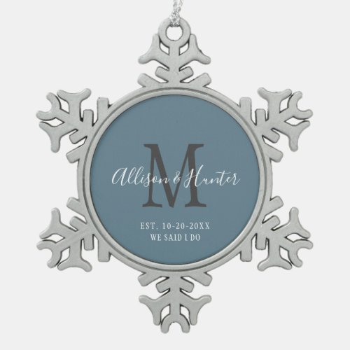 Elegant Newlyweds Established Blue Monogram Name Snowflake Pewter Christmas Ornament
