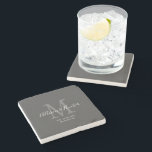 Elegant Newlyweds Established Monogram Name Grey Stone Coaster<br><div class="desc">Give a perfect keepsake with this Elegant Newlyweds Established Monogram Name Grey Stone Coaster. It is a modern customizable design in dark grey, white and light grey. Bride and groom's first names are on the center in modern white handwriting script lettering and initial of new last name is in grey....</div>