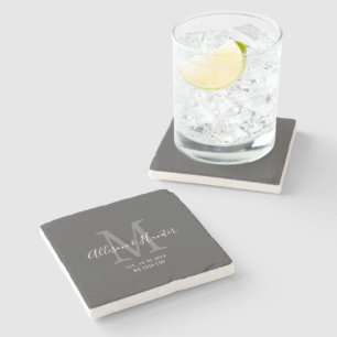 Elegant Newlyweds Established Monogram Name Grey Stone Coaster