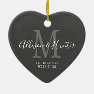 Elegant Newlyweds Established Monogram Name Heart Ceramic Ornament