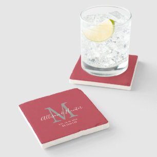 Elegant Newlyweds Established Monogram Name Red Stone Coaster