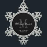 Elegant Newlyweds Established Monogram Name Snowflake Pewter Christmas Ornament<br><div class="desc">Give a perfect keepsake with this Elegant Newlyweds Established Monogram Name Snowflake Pewter Christmas Ornament. It is a modern customizable design in black, white and grey. Bride and groom's first names are on the center in modern white handwriting script lettering and initial of new last name is in grey. Established...</div>