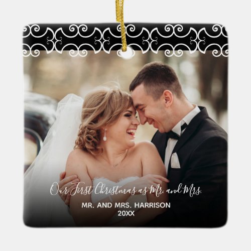 Elegant Newlyweds First Christmas 2 Photo 2 sided Ceramic Ornament