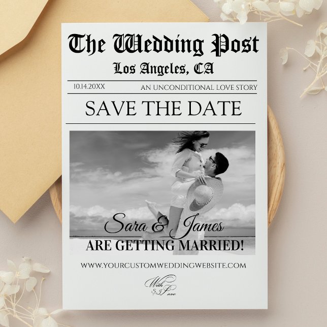 Elegant Newspaper Custom Photo Save the Date  Invitation (Creator Uploaded)