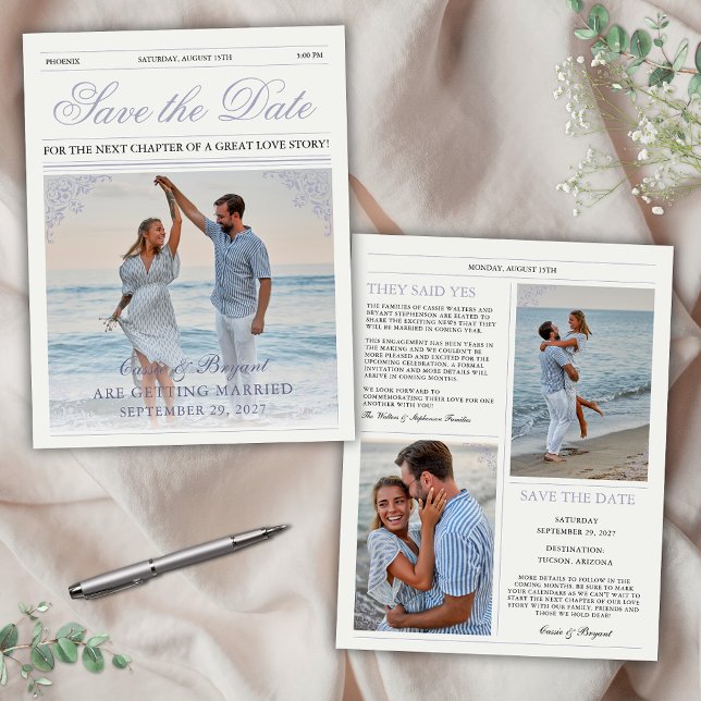 Elegant Newspaper Purple Wedding Save the Date (Lavender purple unique newspaper save the date for wedding engagement with vintage elegant theme)