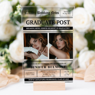 Elegant Newspaper Themed 2 Photo Graduation Party Acrylic Invitations