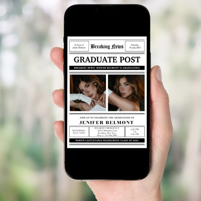 Elegant Newspaper Themed 2 Photo Graduation Party Invitation (Front Digital)