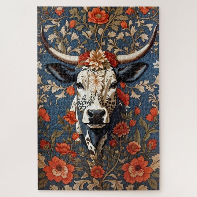 Elegant Nguni Cow William Morris Inspired Jigsaw Puzzle (Vertical)