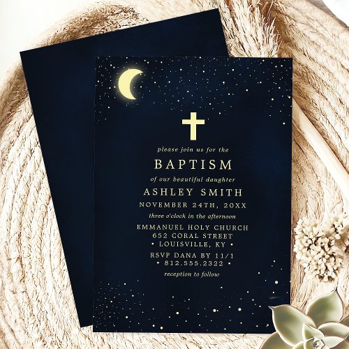 Elegant Night Sky Baptism With Cross And Moon Invitation