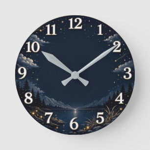 Elegant Night Sky Mountain Lake Wall Clock