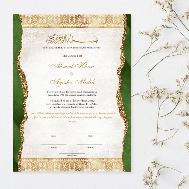 Elegant Nikkah Certificate Muslim Islamic Wedding Poster (elegant gold and green Nikkah Certificate for muslim weddings)