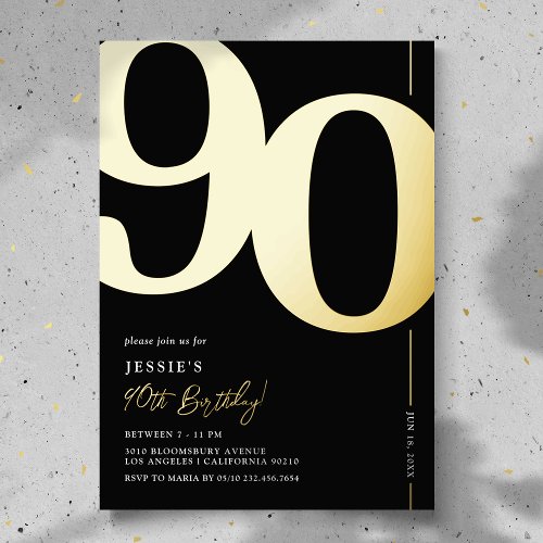 Elegant Foil 90 Party Invitations - Gold, Rose Gold or Silver