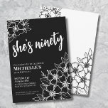 Elegant Ninety Black White 90th Birthday Party Invitation<br><div class="desc">Elegant Ninety Black White 90th Birthday Party Invitation. A fun but elegant 50th birthday party invitation with black and white flowers for the young at heart. Please note that the gold will not have any actual shine to it, it's simply a color. A playful flower pattern frames a script typography...</div>