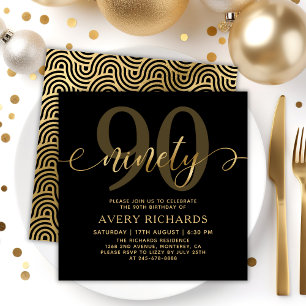 Elegant Ninety Gold Script Black 90th Birthday Invitation