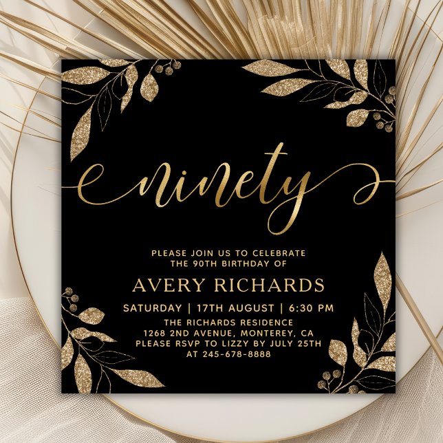Elegant Ninety Gold Script Black 90th Birthday Invitation (Creator Uploaded)