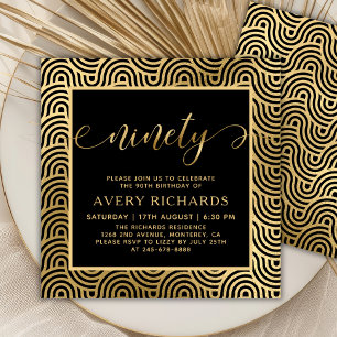 Elegant Ninety Gold Script Black 90th Birthday Invitation